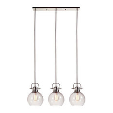 3 Glass Shade Pendant Light With Rectangular Rod Support, Clear And Silver