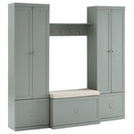Crosley Furniture - Harper 4-Piece Entryway Set With Bench, Shelf, and Pantry Closets, Gray/Creme - The Harper 4pc Entryway Set offers a great combination of storage solutions for your foyer or mudroom. Pantry closets provide adjustable and removable shelves, plus full-extension drawers. Without the shelves, the pantry closets offer hanging storage when you install the optional hooks. Tucked between the pantry closets is an entryway bench with a cushioned seat and a wall-mounted shelf. Featuring label holder hardware, each storage drawer can be customized with personal labels. Every component of the Harper 4Pc Entryway Set is modular, allowing for flexibility and the look of genuine built-in storage.