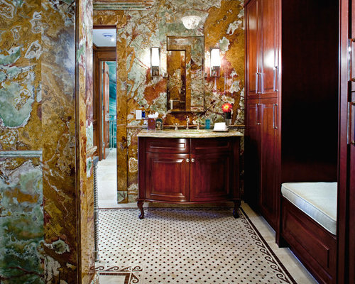 Badezimmer mit Onyx-Waschbecken/Waschtisch und Duschnische Ideen