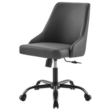Computer Work Desk Swivel Chair, Faux Vegan Leather, Black Gray, Home Office