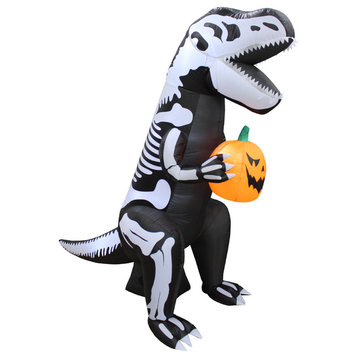 Halloween Inflatable White Skeleton Dinosaur with Pumpkin, 6Ft Tall