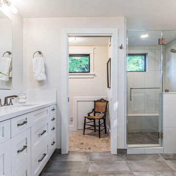 Entry into Large Main Bathroom with Corner Walk-In Shower