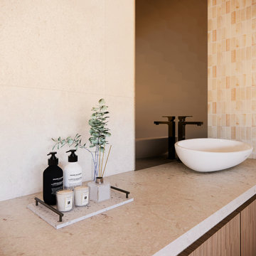 Warm Contemporary Powder Room with Stone Vanity - Seafaring