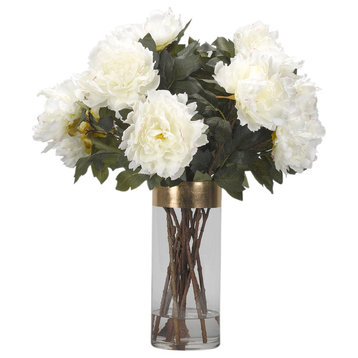 Cream Peonies in Tall Glass Cylinder With Gold Stripe