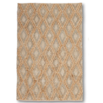 Hand Woven Ivory & Brown High/Low Diamond Geometric Jute Rug by Tufty Home, Natural/Grey, 2.5x9