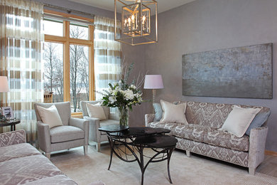 Large minimalist formal and open concept porcelain tile living room photo in Minneapolis with gray walls, no fireplace and no tv