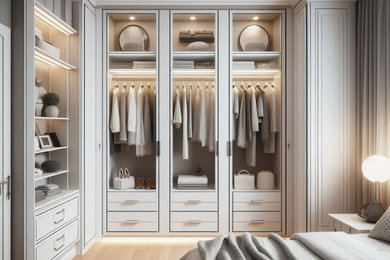 Foto di una cabina armadio unisex bohémian di medie dimensioni con ante di vetro, ante bianche, pavimento in legno massello medio e pavimento marrone
