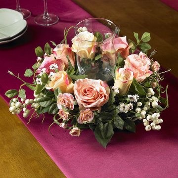 Wooden Dining Table with Small, Pink Rose Centerpiece