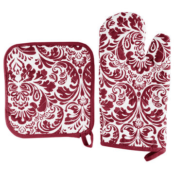 Oven Mitt And Pot Holder Set, Quilted Flame Heat Resistant, Burgundy