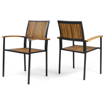 Owen Outdoor Wood and Iron Dining Chair, Set of 2, Teak Finish, Black Finish