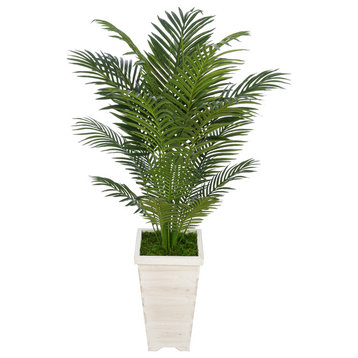 Artificial 4.5' Areca Palm, Tall White Washed Wood Planter