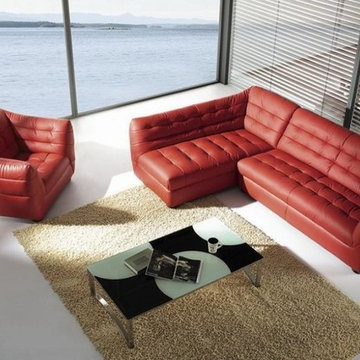 Modern Burgundy Leather Sectional Sofa with Chair