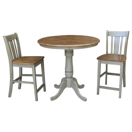 36" Round Pedestal Gathering Height Table With 2 Counter Height Stools, Distressed Hickory/Stone