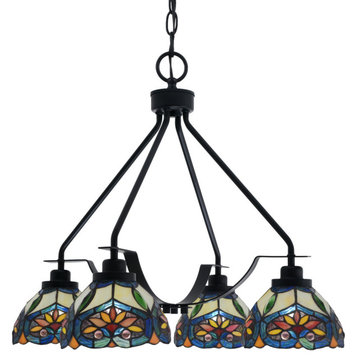 Odyssey 4 Light, Chandelier In Matte Black Finish With 7" Pavo Art Glass