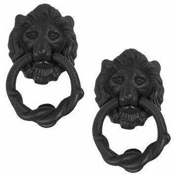 2 Piece Black Lion Front Door Knocker Cast Iron Rustproof Finish 6"