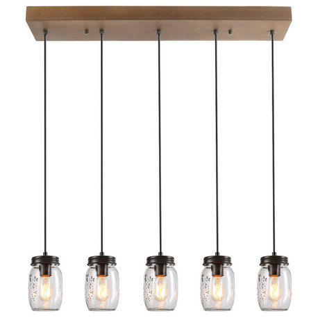 LNC Aries 5-Lights Distressed Wood Brown Farmhouse Mason Jar Linear Chandelier