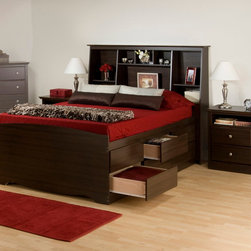Prepac Espresso 3PC Double Bedroom Set with Tall Bookcase Headboard - Bedroom Furniture Sets