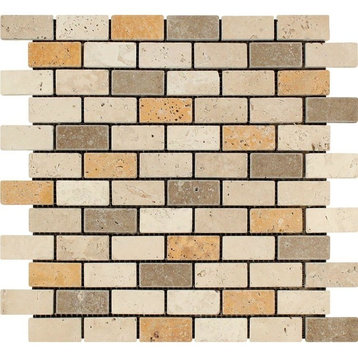 Mixed Travertine Brick Mosaic (Ivory + Noce + ), 1 X 2 Tumbled