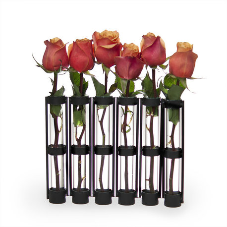 6-Tube Hinged Vases on Rings Stands, Antique Black