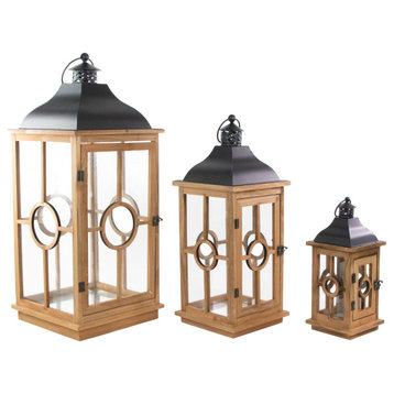 Set of 3 Natural Wood Candle Lanterns with Black Metal Tops 26.5"