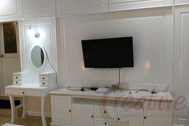 Example of a mid-sized classic master ceramic tile and yellow floor bedroom design in Other with white walls and no fireplace