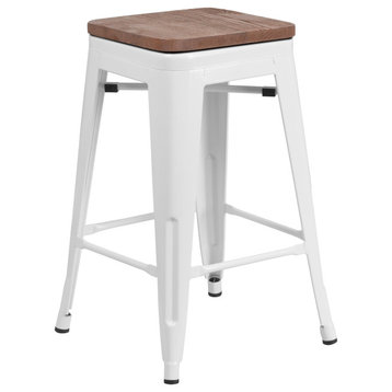 24" Counter Height White Metal Dining Stool With Wooden Seat