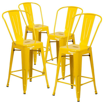 Set of 4 Counter Stool, Metal Seat With Drain Holes & Curved Backrest, Yellow