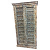 Consigned Antique Armoire Distressed Blue Floral Hand Carved Wardrobe , Cupboard