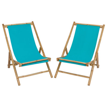 Folding Bamboo Relax Sling Chair - Set of 2, Aqua Blue