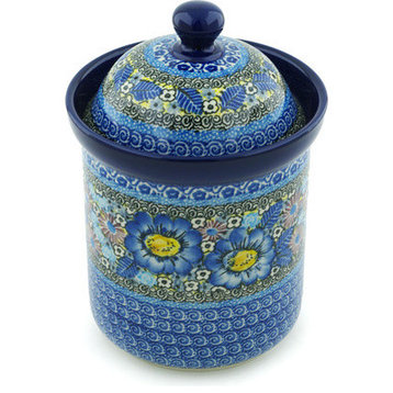 Polish Pottery 8" Stoneware Jar With Lid Hand-Decorated Design