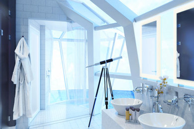 Bathroom - large contemporary master gray tile and stone tile gray floor bathroom idea in Seattle with dark wood cabinets, a wall-mount toilet, white walls, a vessel sink, granite countertops, a hinged shower door and white countertops