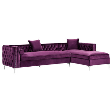Jeannie Velvet Tufted With Nailhead Trim Sectional, Purple, Right Facing Chaise