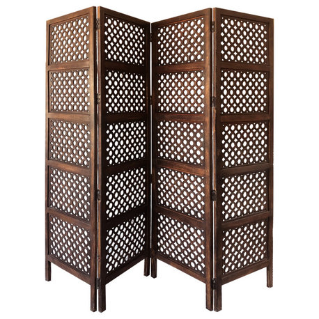 Benzara BM01876 4 Panel Mango Wood Room Divider, Circular Cutout Design, Brown