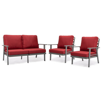 LeisureMod Walbrooke 3-Piece Patio Set, Gray Aluminum Frame and Cushions, Red