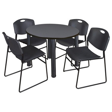 Kee 42" Round Breakroom Table, Gray/ Black and 4 Zeng Stack Chairs, Black