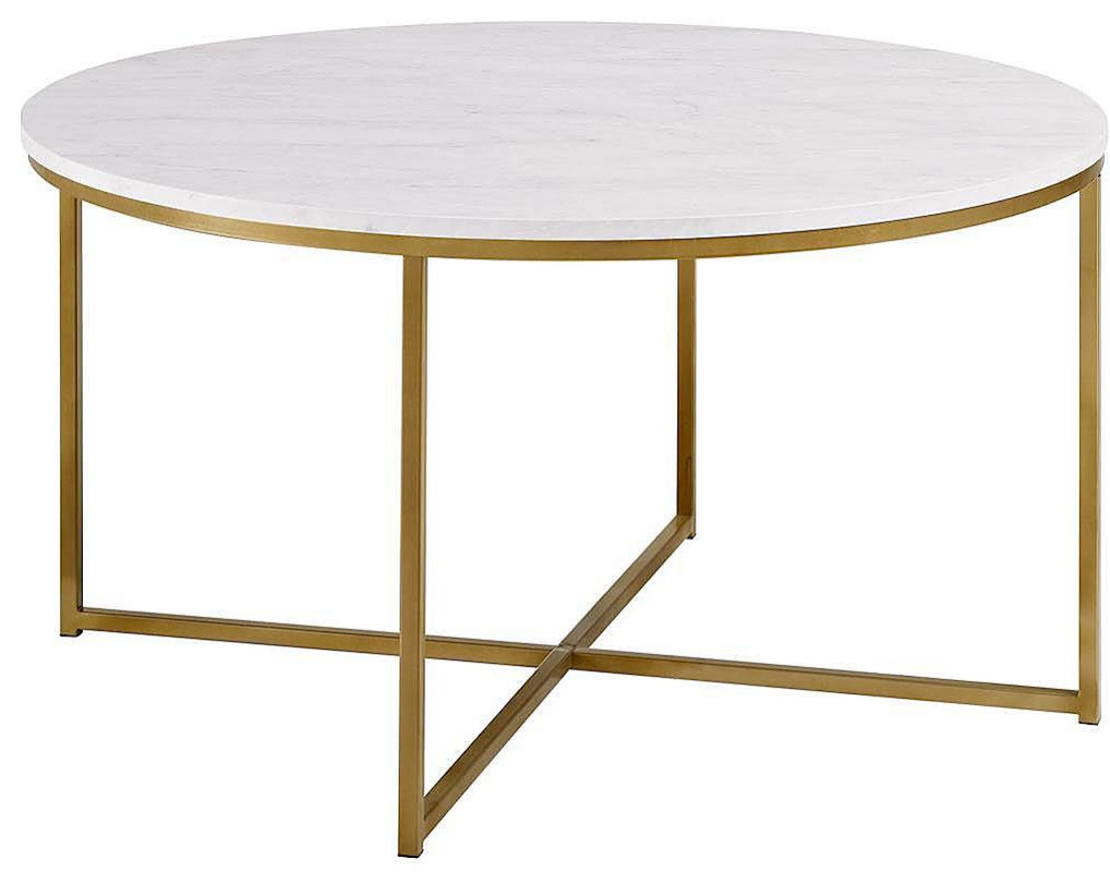 Walker Edison Mid Century Modern Coffee Table, Faux White Marble/Gold ...