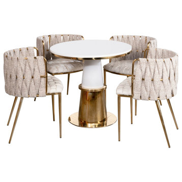 5-Piece Vanessa Dining Set, Gold/White Table, Off White Chairs