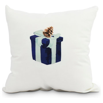 Gift WrappedHoliday Print Decorative Outdoor Throw Pillow, Navy Blue, 16"