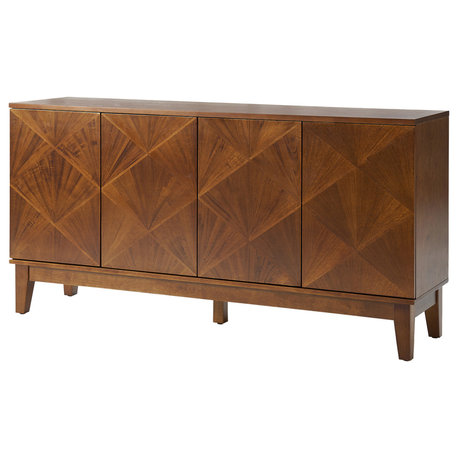 60"W Mid-Century Modern Style Sideboard With Geometrical Patterns, Walnut