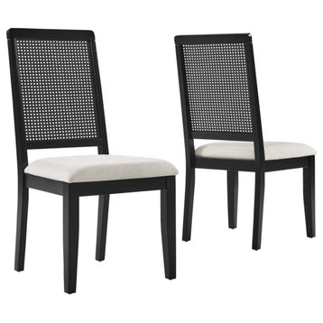 Modway Arlo Faux Rattan and Wood Dining Side Chairs Set of 2, Black Ivory