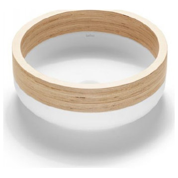 Lucca Solid Surface bathroom vessel sink. Natural wood, White-Natural Birch