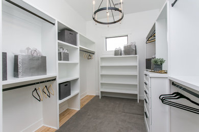 Minimalist gender-neutral carpeted and gray floor walk-in closet photo in Seattle with white cabinets