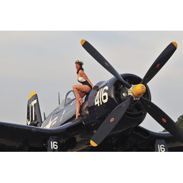 1940's Style Navy Pin-Up Girl Sitting On A Vintage Corsair Fighter Plane, Print