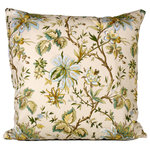 Studio Design Interiors - Garden Route Sage 90/10 Duck Insert Pillow With Cover, 22x22 - Wonderful jacobean flowers in baby blue, green, muted yellows and browns, grow across the light green biege face of this calm and delicate pillow. Finished with a grey blue linen. Inviting.