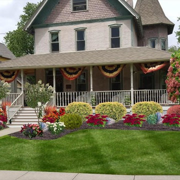 Front Yard Foundation Planting, Small Beds, Four Seasons Interest with Annuals