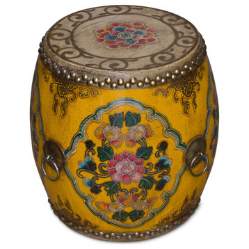 Yellow Tibetan Ceremonial Drum with Hand Painted Floral Art