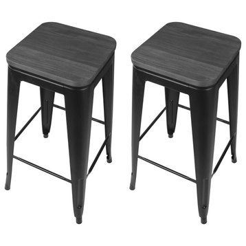 Metal Black Bar Stools With Wooden Seat, Set of 2