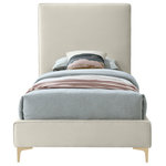 Meridian Furniture - Geri Velvet Upholstered Bed, Cream, Twin - Provide yourself with a few options when you choose the sleek Geri cream velvet twin size bed. The headboard, side rails and footboard are all cushioned and upholstered, with snazzy decorative piping on the headboard and footboard. This bed comes with two different sets of legs so you can match your other decor. Use the gold ones, the chrome ones, or two of each color for a truly contemporary approach.