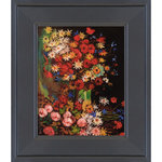 overstockArt - La Pastiche Vase with Poppies Cornflowers Peonies with Gallery Black, 12" x 14" - Vase with Poppies Cornflowers Peonies and Chrysanthemums is a work by Vincent Van Gogh that turns away from his Post-Impressionistic style of painting toward a more traditional Impressionist technique. Unlike his usual style this painting has very fine and intentional brushstrokes. This painting better fits what a traditional still life would be defined as. It also shows a different side of Van Goghs talent that we dont often get to see. This painting is rich with color featuring vivid reds and deep shadows that give it a more three dimensional effect another aspect that is different from the average Van Gogh painting. This painting will look absolutely beautiful hanging on the bedroom wall or would make a great gift for a loved one Frame Description Gallery Black