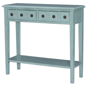 Rustic Console Table, Slim Design With Lower Shelf and 2 Storage Drawers, Teal